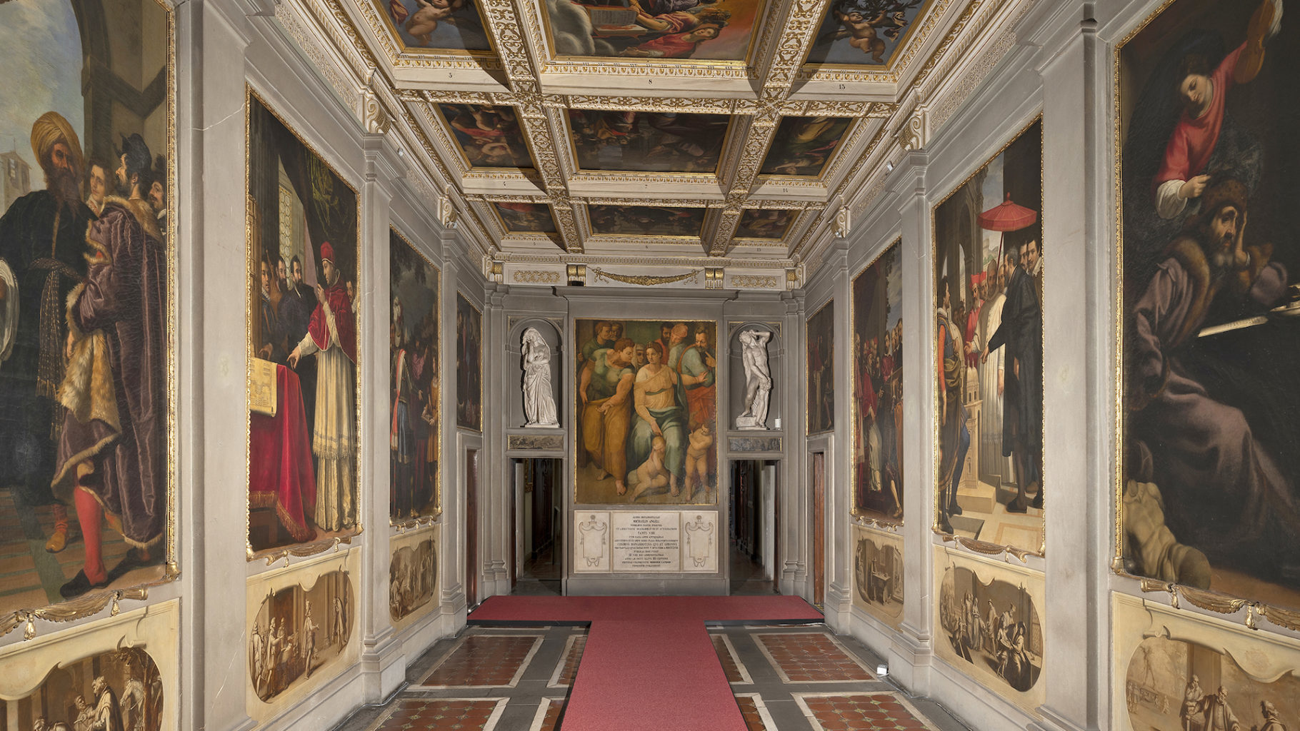 The courtyard of the Bargello Museum and the interior of Casa Buonarroti, Florence.