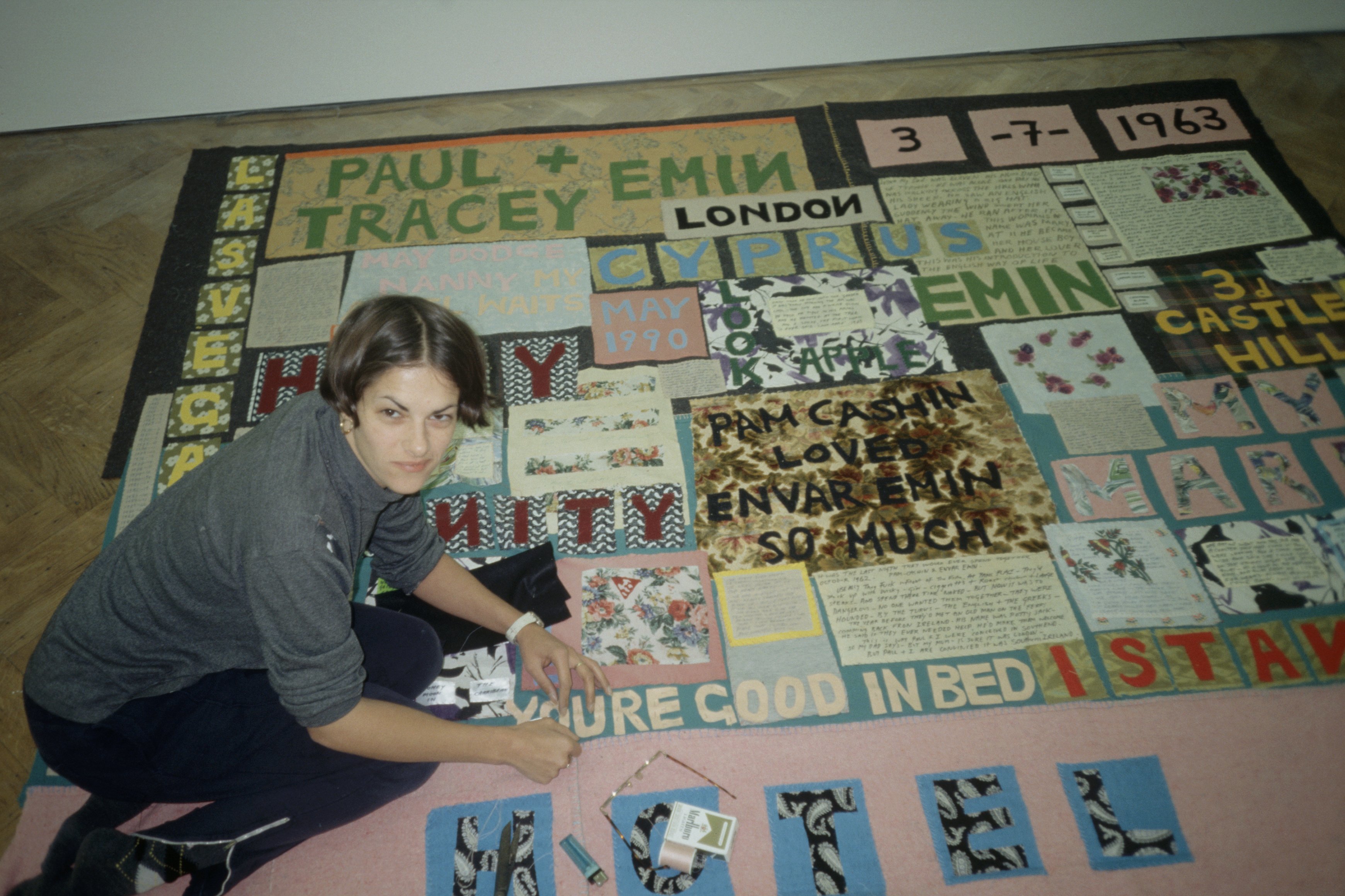 Tracey Emin pictured at White Cube working on ‘Hotel International'. The work was shown in Emin’s first White Cube exhibition, which opened in November 1993.