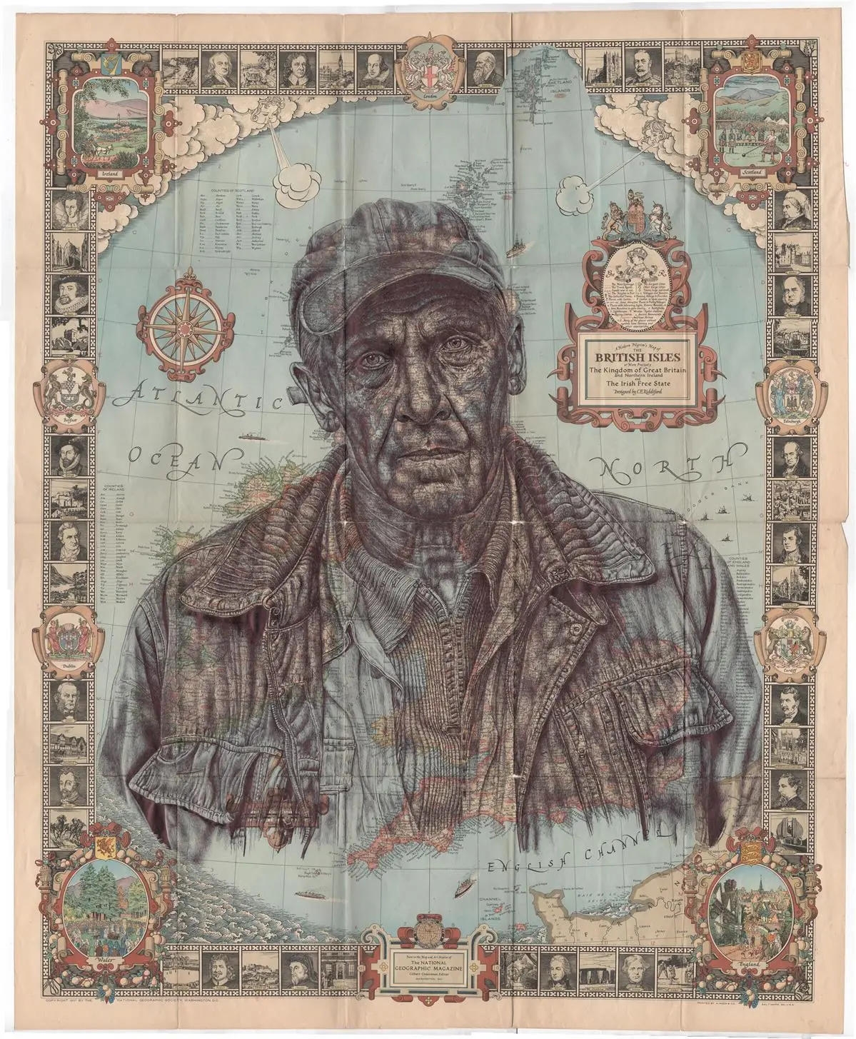 And at the End of a Hard Day, Ballpoint pen drawing on 1937 National Geographic Map, 2019